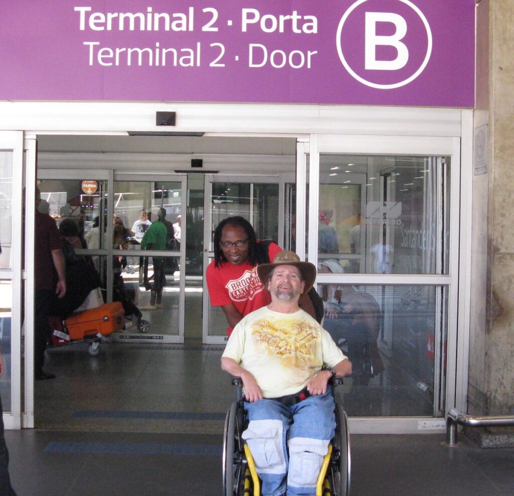 Gene exiting the airport terminal in Brazil.