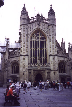 Cathedral in Bath, England. With many people walking around