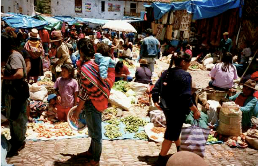 A town market in Peru, lots of people congregate and shop