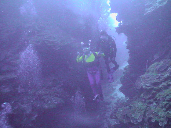 two people swimming through a narrow path underwater