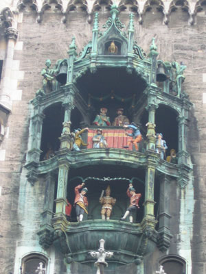 Close view of a famous clock adorned with many bells and life size figures