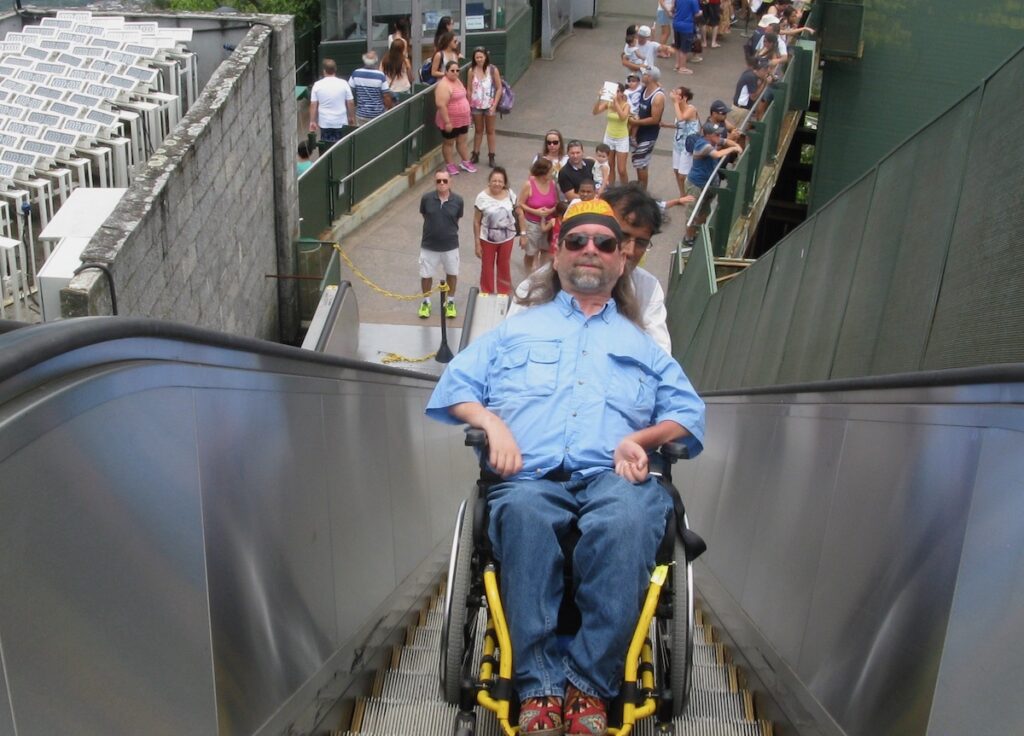 Gene on an escalator in Brazil.