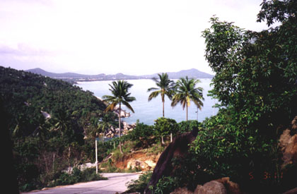 Road in the Thailand jungle, a dirt road with a beautiful scene of lush greenery, water and mountains in the distance.