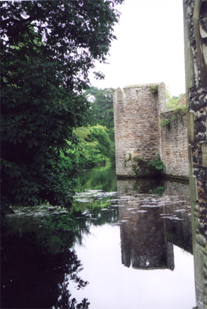 A castle surrounded by trees and water