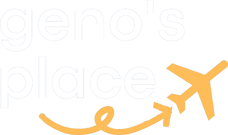 genos place logo. A wordmark with a yellow plane flying upwards leaving a looped trail in the shape of an arrow.