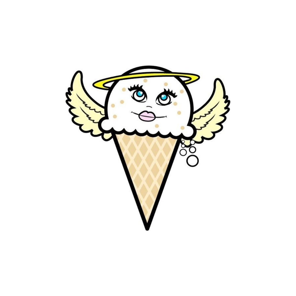 a digital illustration of an ice cream cone with a smiling face, angel wings and a halo