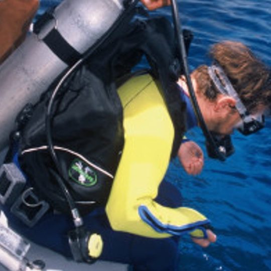 Gene descending to scuba dive in a custom made wet suit.