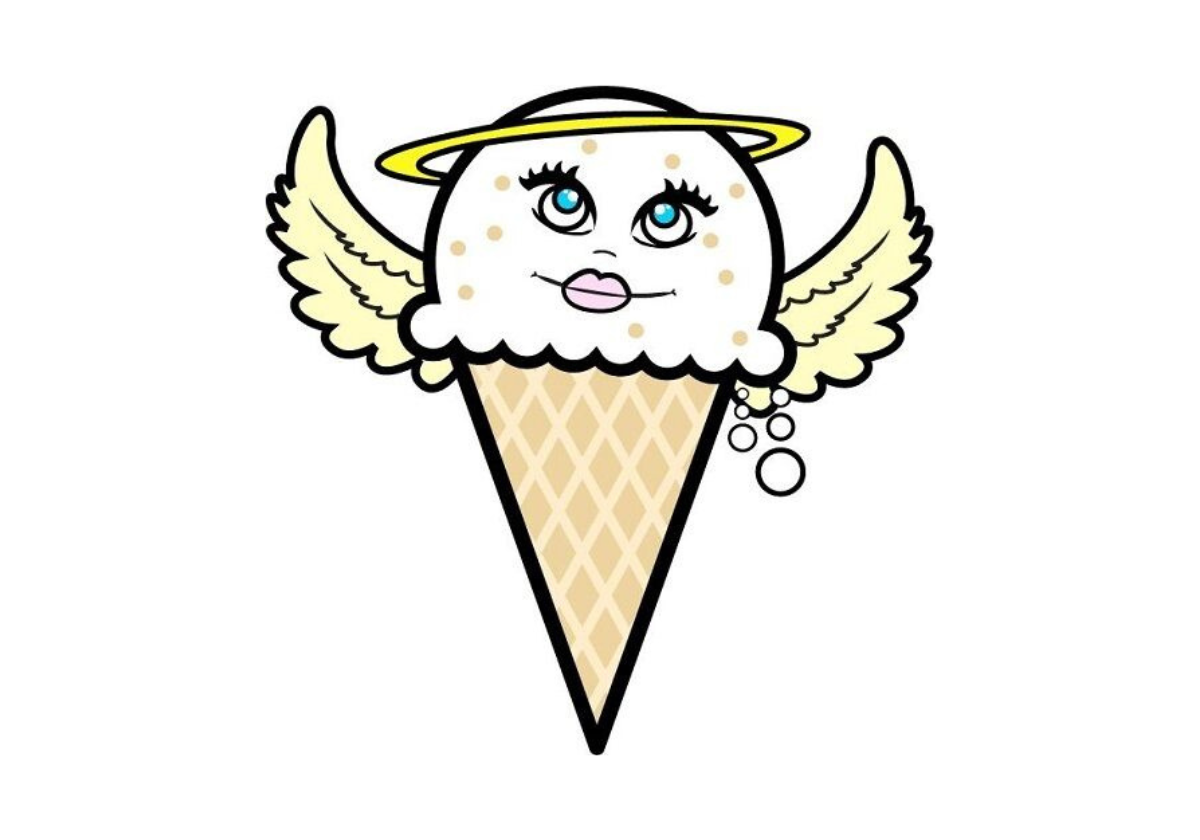 a digital illustration of an ice cream cone with a smiling face, angel wings and a halo